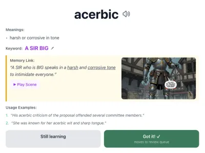Vocabulary card for the word “acerbic”