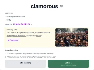 Vocabulary card for the word “clamorous”