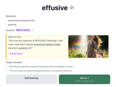 Vocabulary card for the word “effusive”