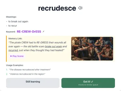 Vocabulary card for the word “recrudesce”