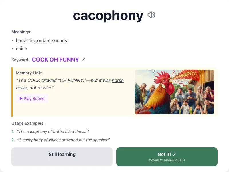 Vocabulary card for the word “cacophony”